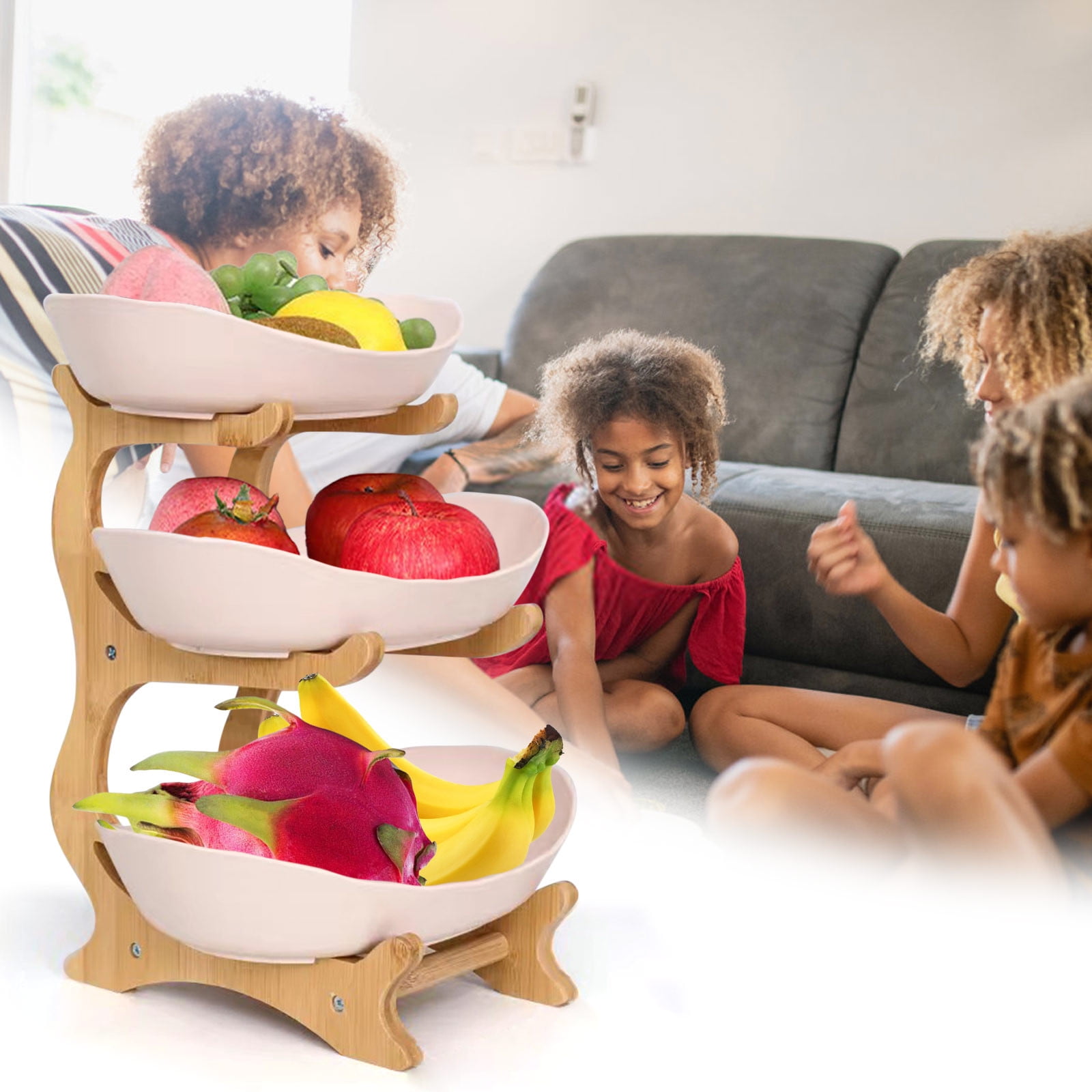 Tiitstoy Fruit Basket for Kitchen Counter, with Wood Holder, 3/2/1 Tiered Large Capacity Fruit Basket Oval Tiered Fruit Bowl Set for Kitchen Counter, Parties, Gatherings, Restaurant, Family Events