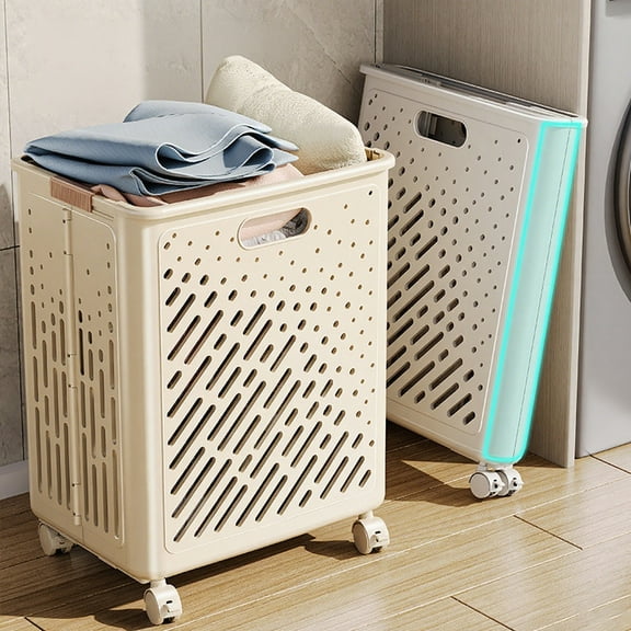 Foldable Laundry Basket with Wheels Multi-Functional Rolling Hamper for Clothes & Toy Storage Portable for Bathroom & Apartments Beige Plastic