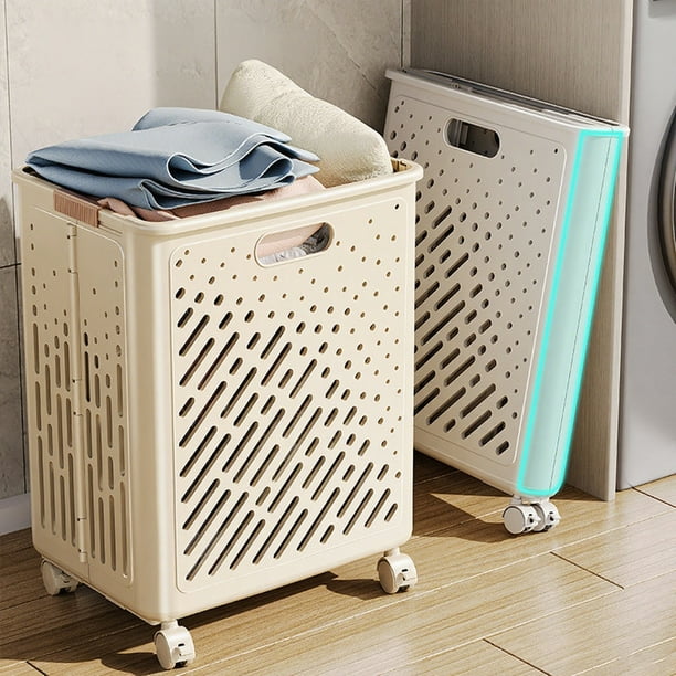 Cesta de ropa plegable con ruedas | Cesto portátil multifuncional para guardar ropa y juguetes | Diseño plegable para baño y apartamento | Plástico beige