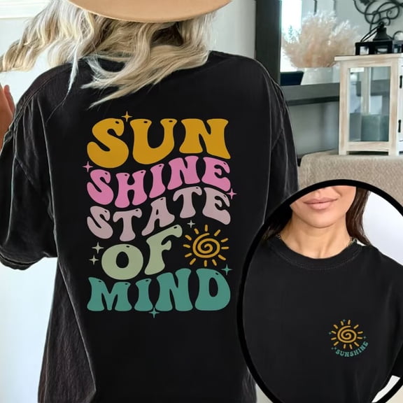 Sunshine State Of Mind Print T Shirts Summer Graphic Tees Popular Trendy Summer Sunshine Preppy Pattern Tops Black,S