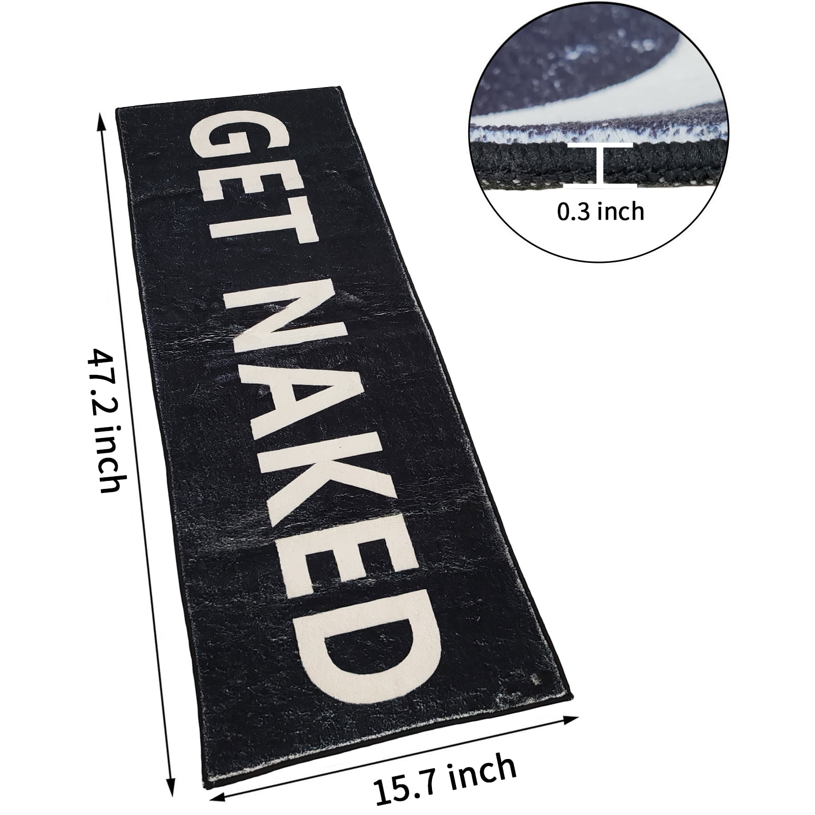 Black Get Naked Bath Mat, Cute Runner Black and White Get Naked Rug, Absorbent Non Slip Bathroom Long Mat, Funny Bathroom Decor for Bedroom Hallway Kitchen, Soft Plush Washable Shower Rug 16"×48"