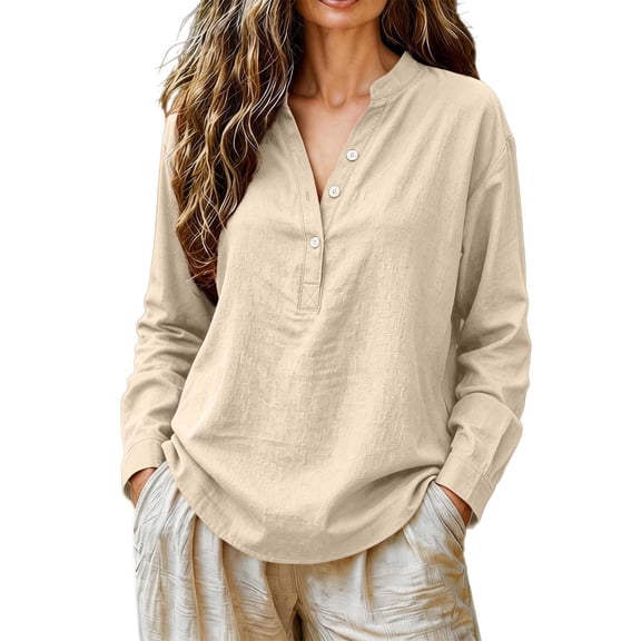 BODOAO Women Long Sleeve Linen Tops Pullover Lightweight Plain Blouses Fashion Outfits Henley Neck Summer Vacation Shirts Casual Top Beach Tops Soft Breathable Gauze Tops Beige L