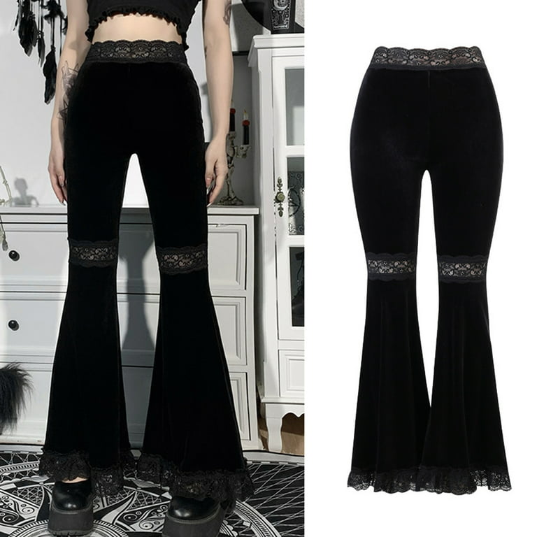 Lady Floral Velvet Bell Bottoms Flare Pants Trousers Black Gothic Fashion  Casual