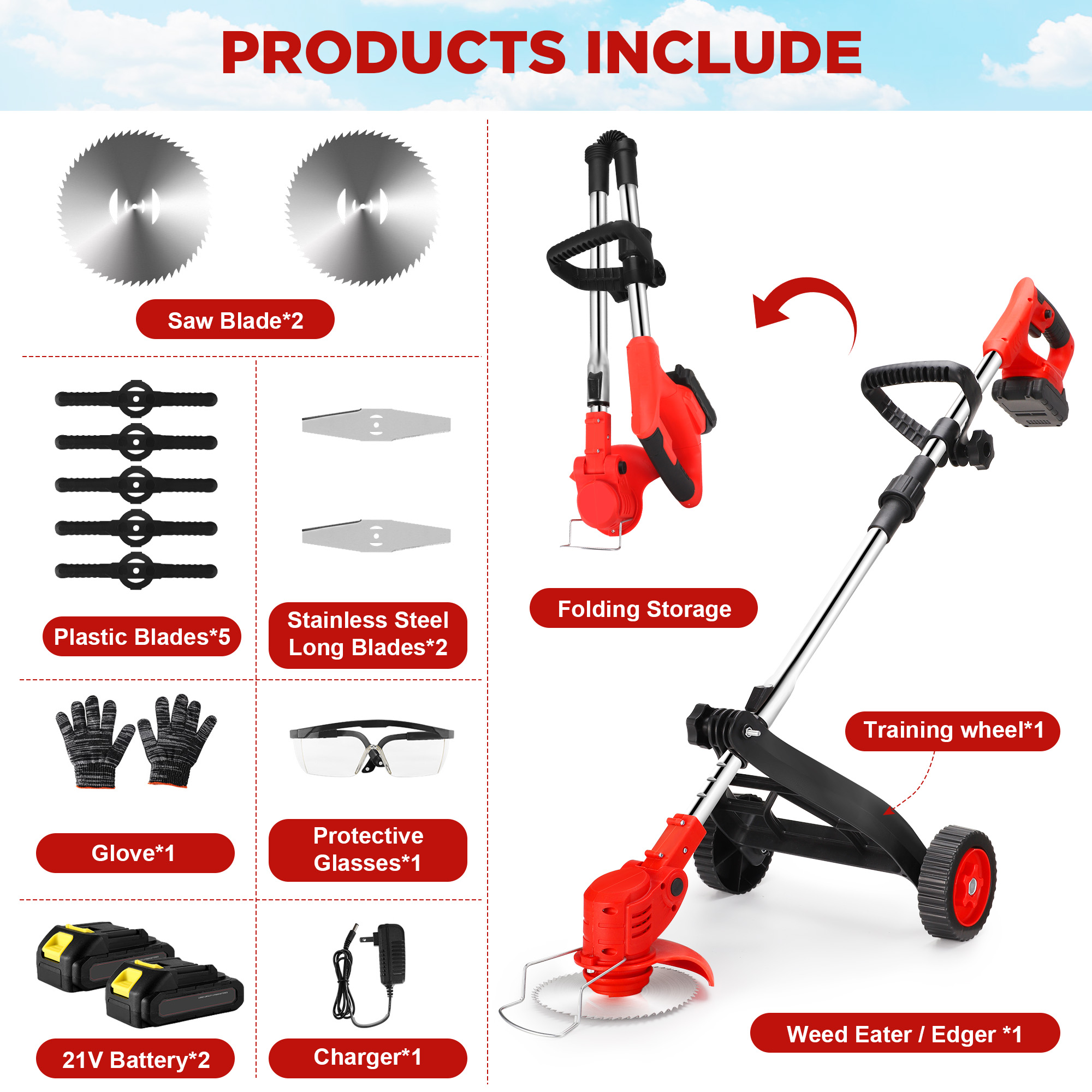 RELOIVE Weed Eater,Cordless Weed Trimmer,Electric Weed Wacker, with 2PCS 4000mAh Batteries and Charger, 6-in-1 String Trimmer with Wheels, 43.3''-53.1'' Adjustable for Garden Yard