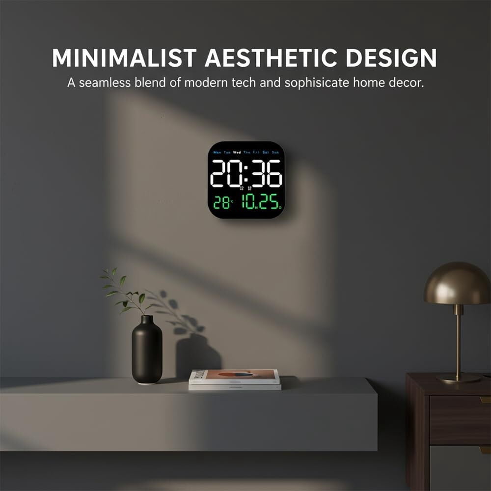 Digital Wall Clock Large Display 2026 | LED Alarm Clock with Remote, Temperature, Calendar Day, Dimmable Brightness, Timer | Battery Operated for Wall or Desk | Modern Home Bedroom Office
