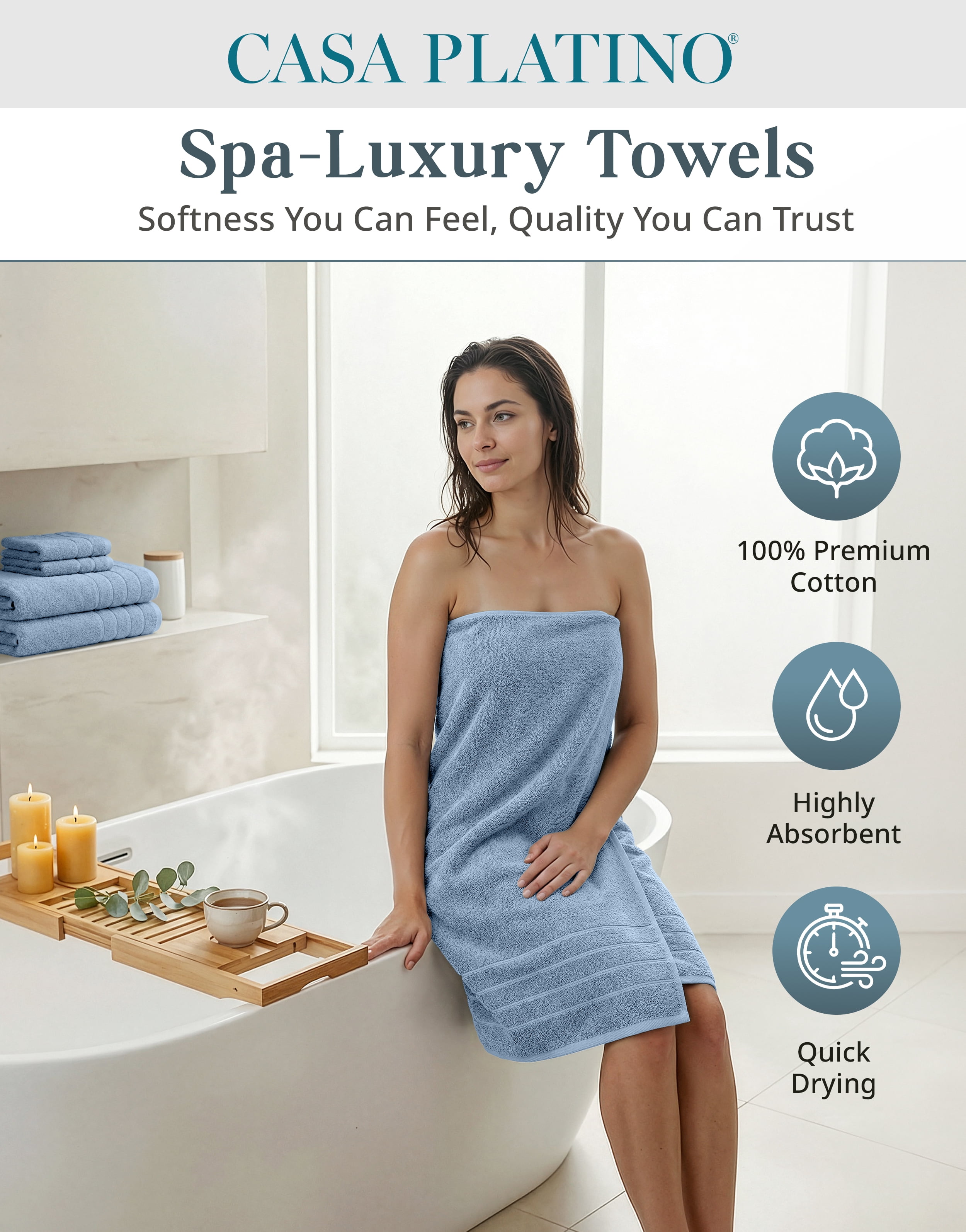 Casa Platino Bath Towel Set for Bathroom, 12 Piece Cotton Towel Set, Hand Towels & Washcloths - Soft & Durable for Everyday Use - Cerulean Blue