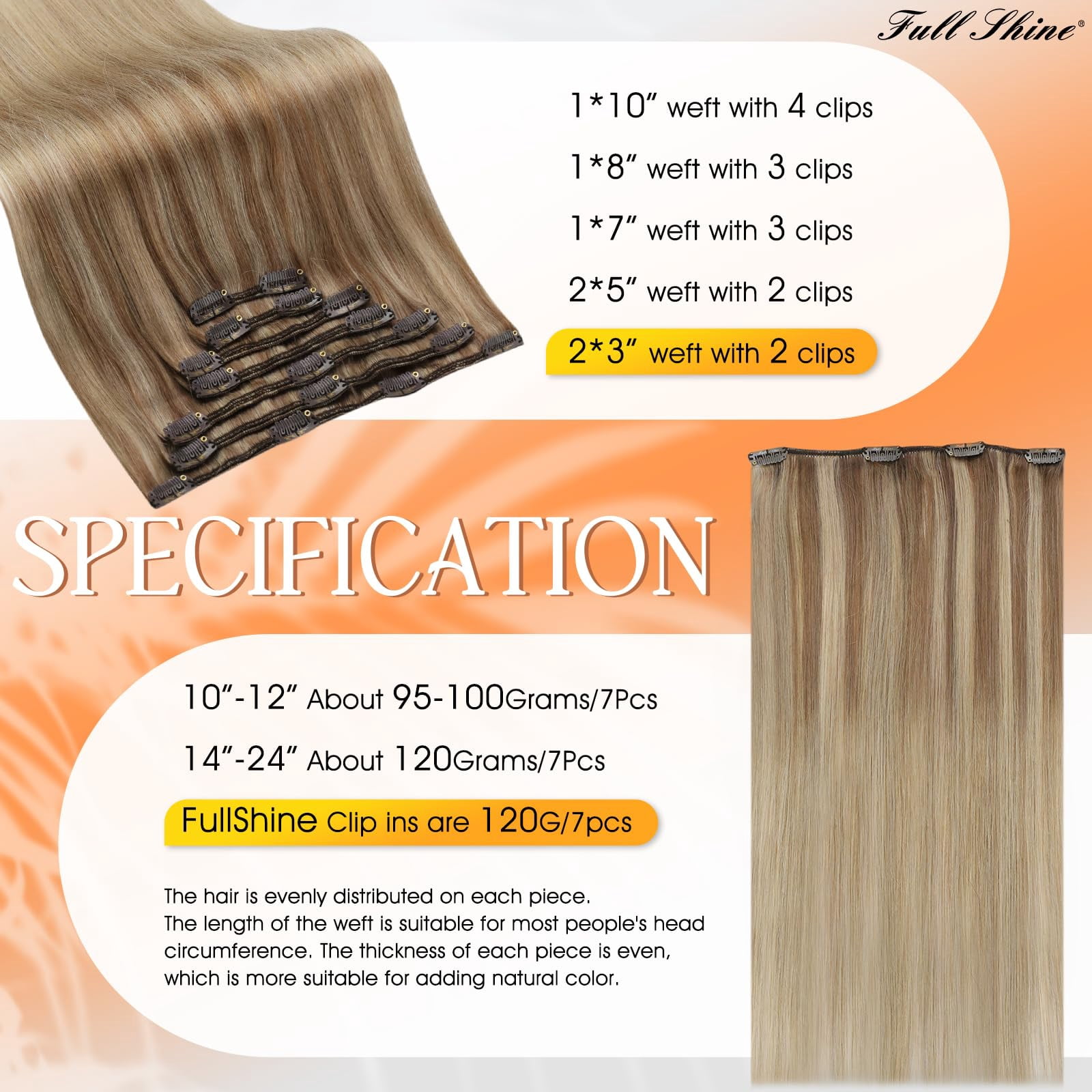 Full Shine Clip in Human Hair Extensions Balayage Color 10 Golden Brown Fading to 16 Golden Blonde Highlight 16 Blonde Double Weft Invisible Clip in 12 Inch for Women Adult