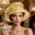thumbnail image 5 of Women Organza Church Hat Floral Wide Brim Fascinator Derby Hat Wide Brim Sun Hats Wedding Tea Party Derby Occasions Gold Free Size, 5 of 6