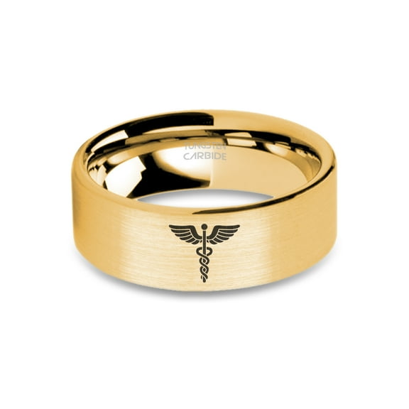 Medical Doctor EMT Staff Symbol Yellow Gold Brushed Tungsten Ring, 8mm, Size 15