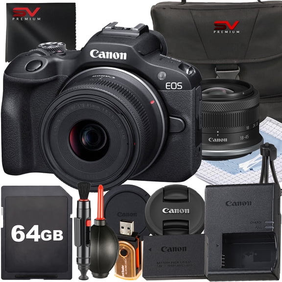 Canon EOS R100 Mirrorless Camera with RF-S 18-45mm Lens   64GB Memory Card   Case   SV Premium Accessory Bundle (International Version)