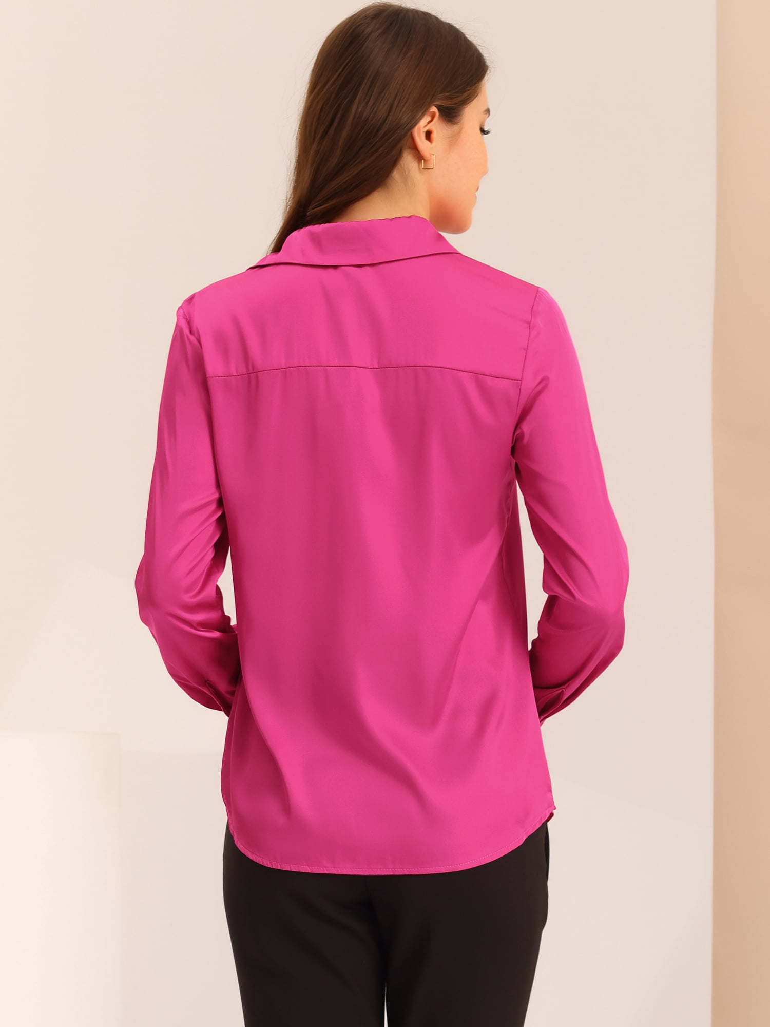 DARING DIVA Women's V Neck Classic Work Office Long Sleeve Shirt M Hot Pink
