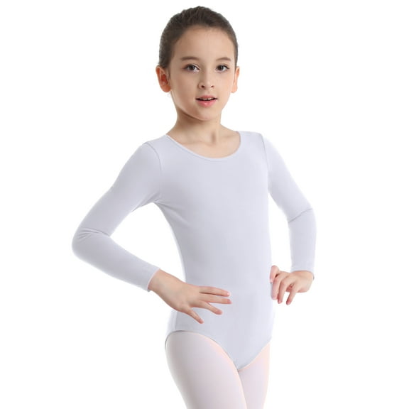 Oyolan Kids Girls Basic Ballet Dance Leotards Long Sleeve Gymnastics Bodysuit Dancewear White 4