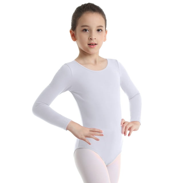 Girls Basic Team Uniform Short/Long Sleeve Gymnastics Workout Ballet Dance Leotard Solid Color Bodysuit Activewear White 10