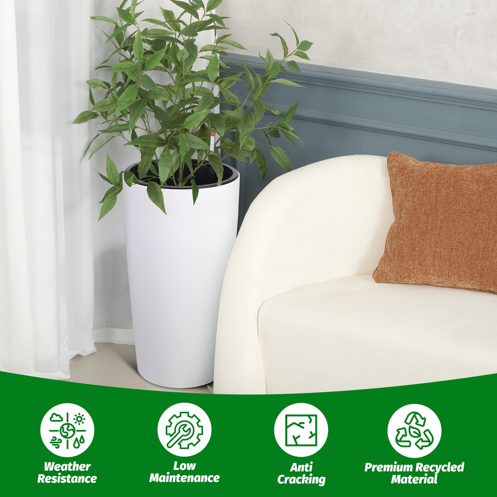 2-Pack Large 30-Inch Self-Watering Planters with Drainage Holes, Water Gauge, and Removable Inner Pot – Ideal for Outdoor Gardening and Porch Display, White