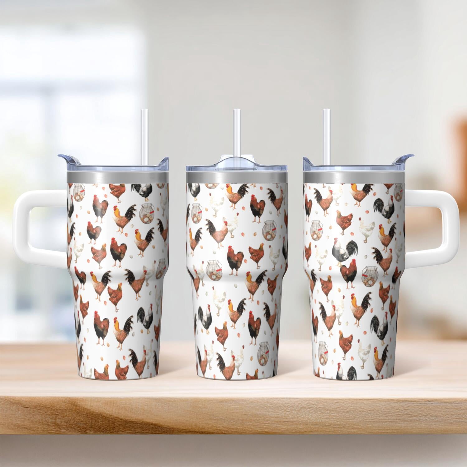 20oz Farm Chicken Tumbler with Handle Insulated Travel Mug Adorable Birthday Christmas Gift for Chicken Enthusiasts Women Men Fits Car Cup Holders Comfortable Grip Splash Resistant Lid Daily Commutes