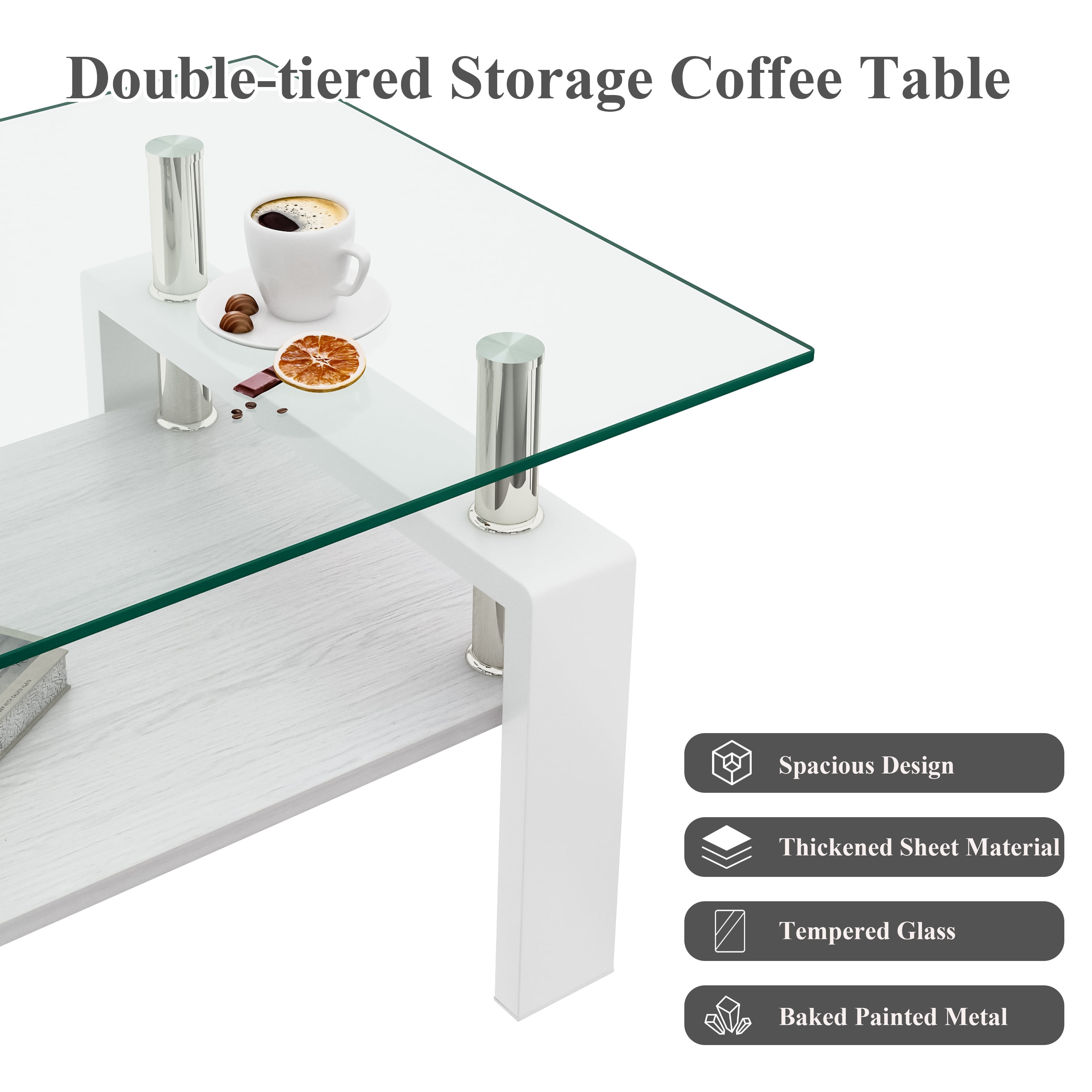 MAYEERTY Rectangle Coffee Table with Transparent Tempered Glass & MDF Shelf