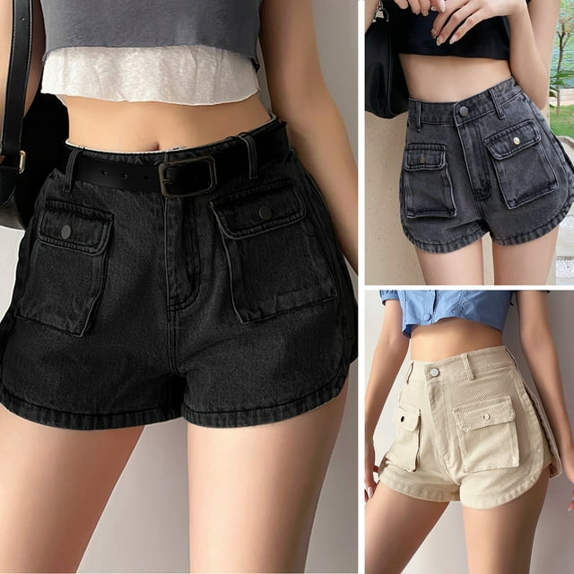 Neinkie Multi Pockets Button Fly A-Line Irregular Cutting Denim Shorts High-Waist Solid Color Cargo Hot Pants Streetwear