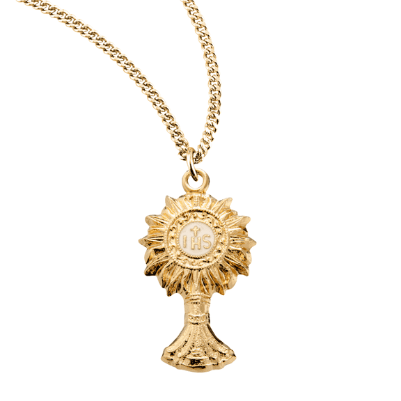 16kt Gold Plated Sterling Silver Monstrance Pendant, 1.1" x 0.6", 18" Gold Plated Stainless Steel Chain Necklace, Made in USA - Deluxe Velvet Gift Box