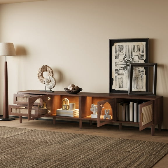 86-inch TV Stand for TVs up to 90 inches, App Controlled LED Lights Entertainment Center, Modern Media Console with Rattan Doors, 2 Drawers & Glass Storage, Dark Brown