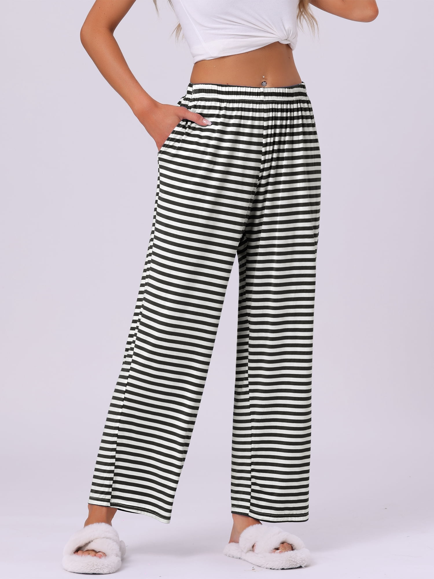 DARING DIVA Women's Flowy Cotton Wide Leg Lounge Pants L Deep Black Stripe
