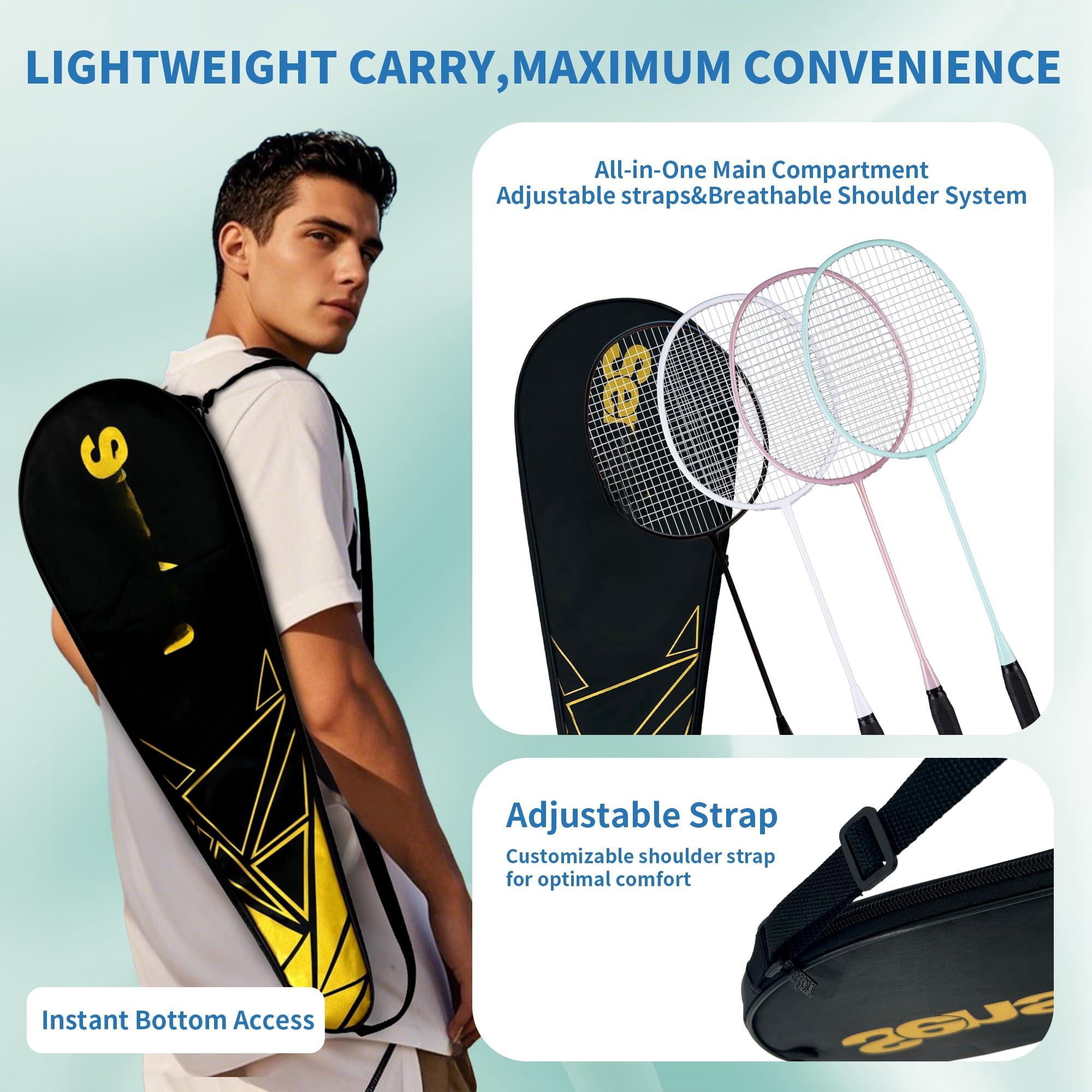 Professional Badminton Rackets Set Of 4 - Carbon Fiber  6 Shuttlecocks 4 Grips & Bag For Backyard Games | 90g Lightweight