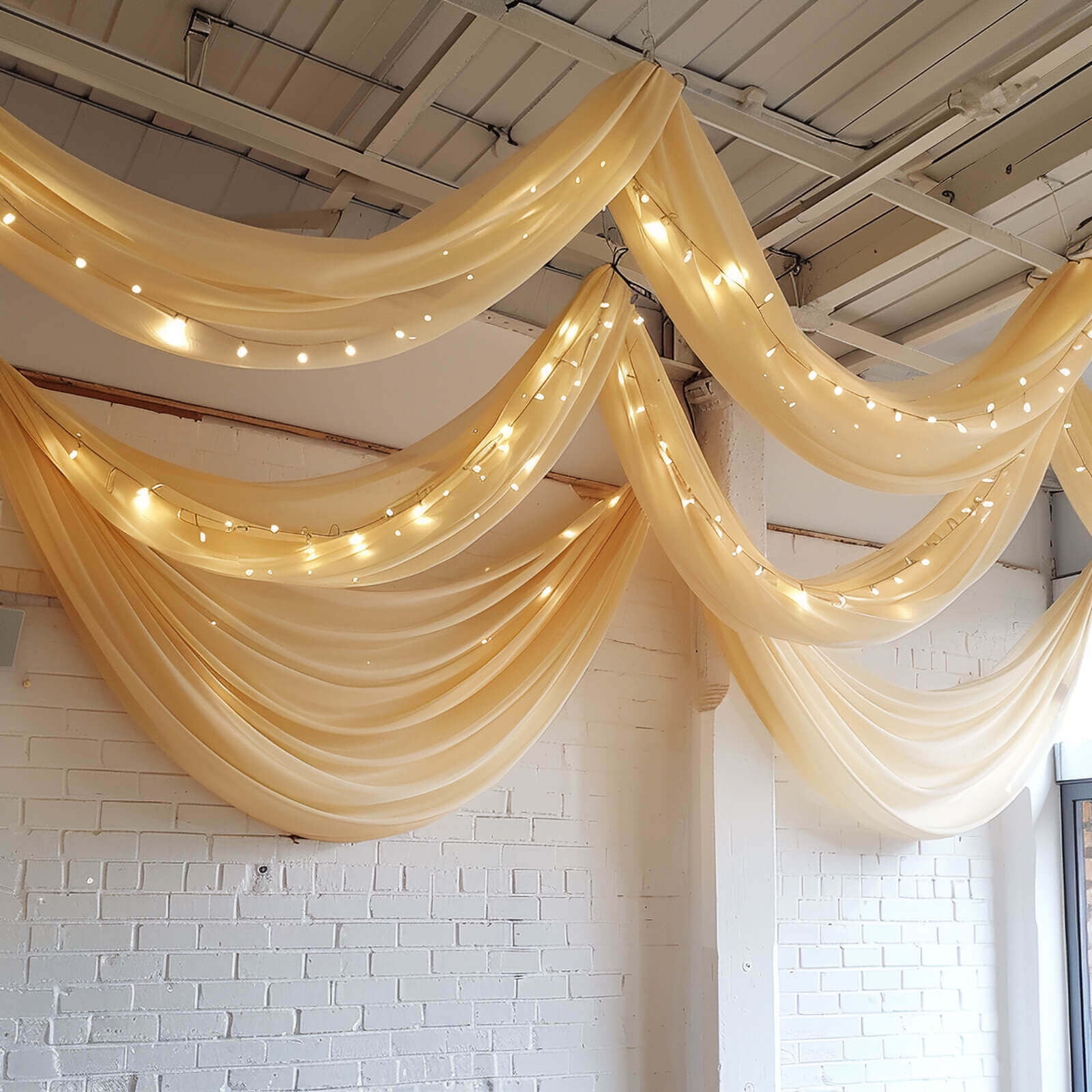 Efavormart 5ftx32ft Premium Champagne Chiffon Curtain Panel, Backdrop Ceiling Drapery With Rod Pocket