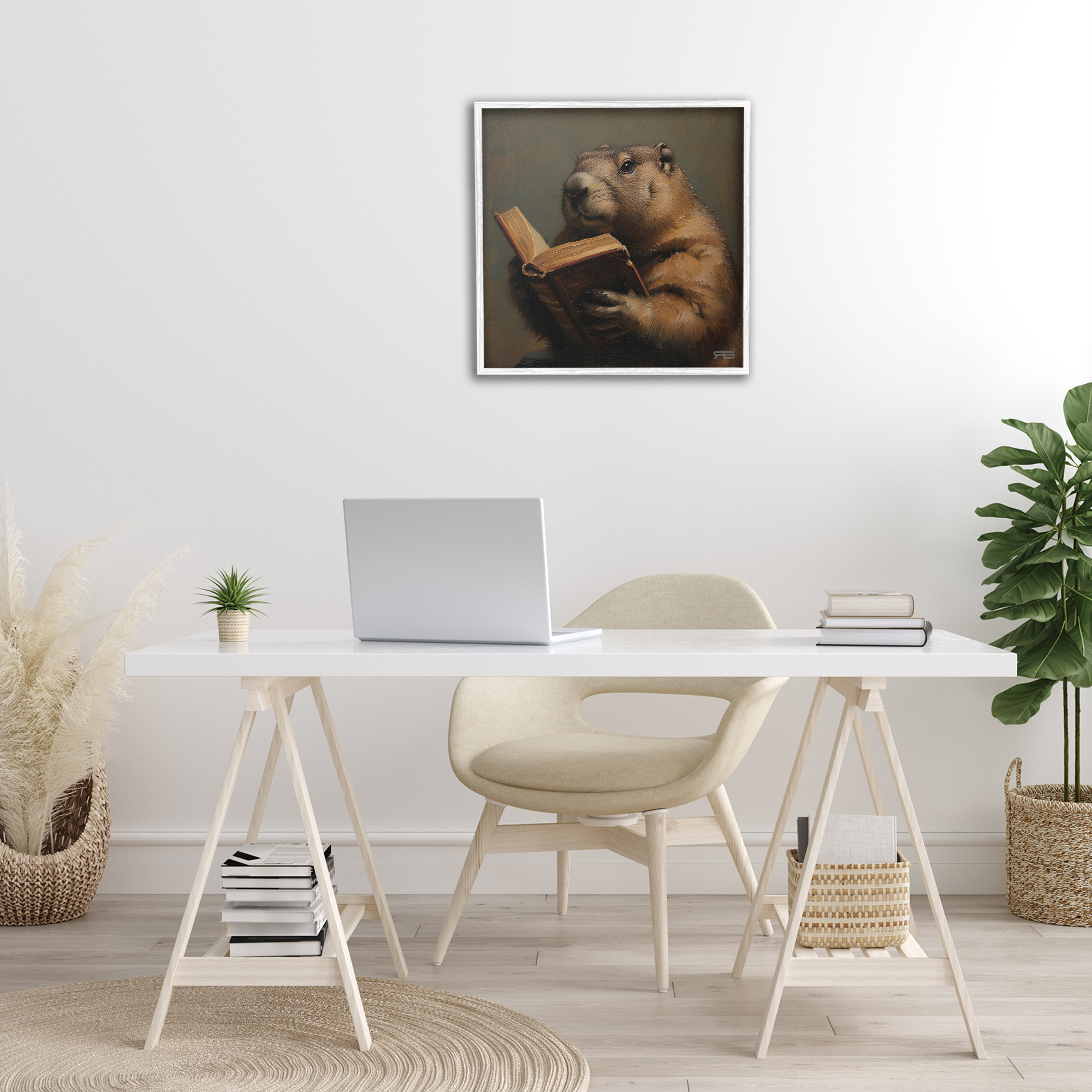 Stupell Industries Groundhog Reading Book Animals & Insects Painting White Framed Art Print Wall Art, 24 x 24
