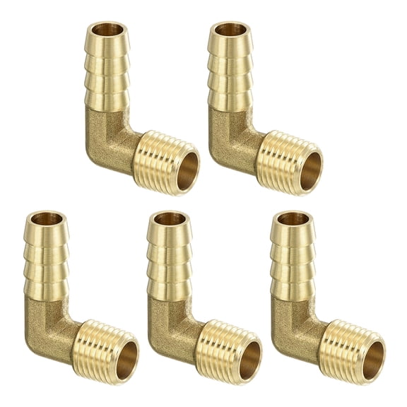 Brass Hose Barbed Elbow Fitting, 5 Pack 3/8" Barbx1/4" NPT Male 90 Degree