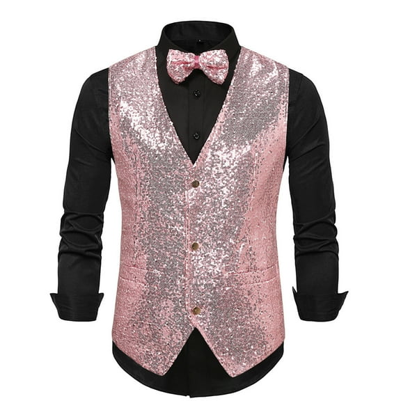 Miluxas Mens Sequins Vest formal/Leisure V-neck Shiny Waistcoat Bowtie Set Prom Party Tuxedo Pink
