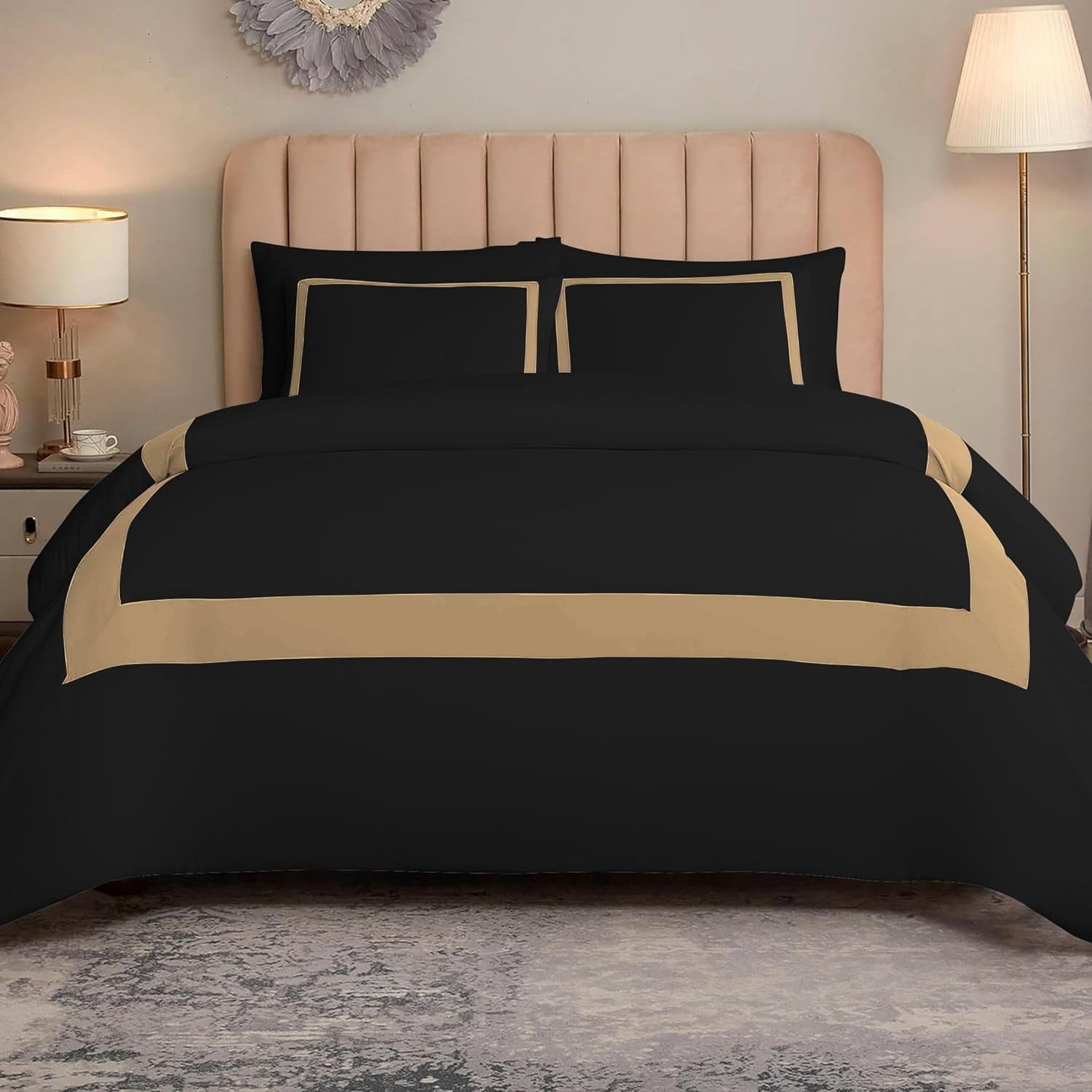 DNG Creations 5 Piece Full Black And Taupe Border Line Pattern Duvet Cover - 100% Egyptian Cotton, 800 Thread Count ( California King )