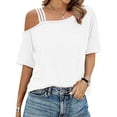 thumbnail image 4 of Ruyang Summer Shirts for Women Women's Summer Solid Color Casual One Shoulder Strap Short Sleeve T Shirt Stripe Tee, 4 of 6