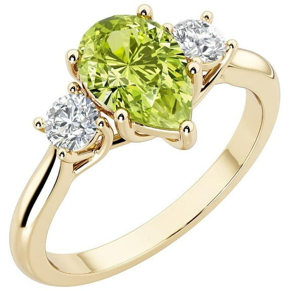 PEORA 14K Yellow Gold Pear Shape Peridot and Lab Grown Diamond 3 Stone Trellis Ring, 1.80 Carats total, Size 9.5