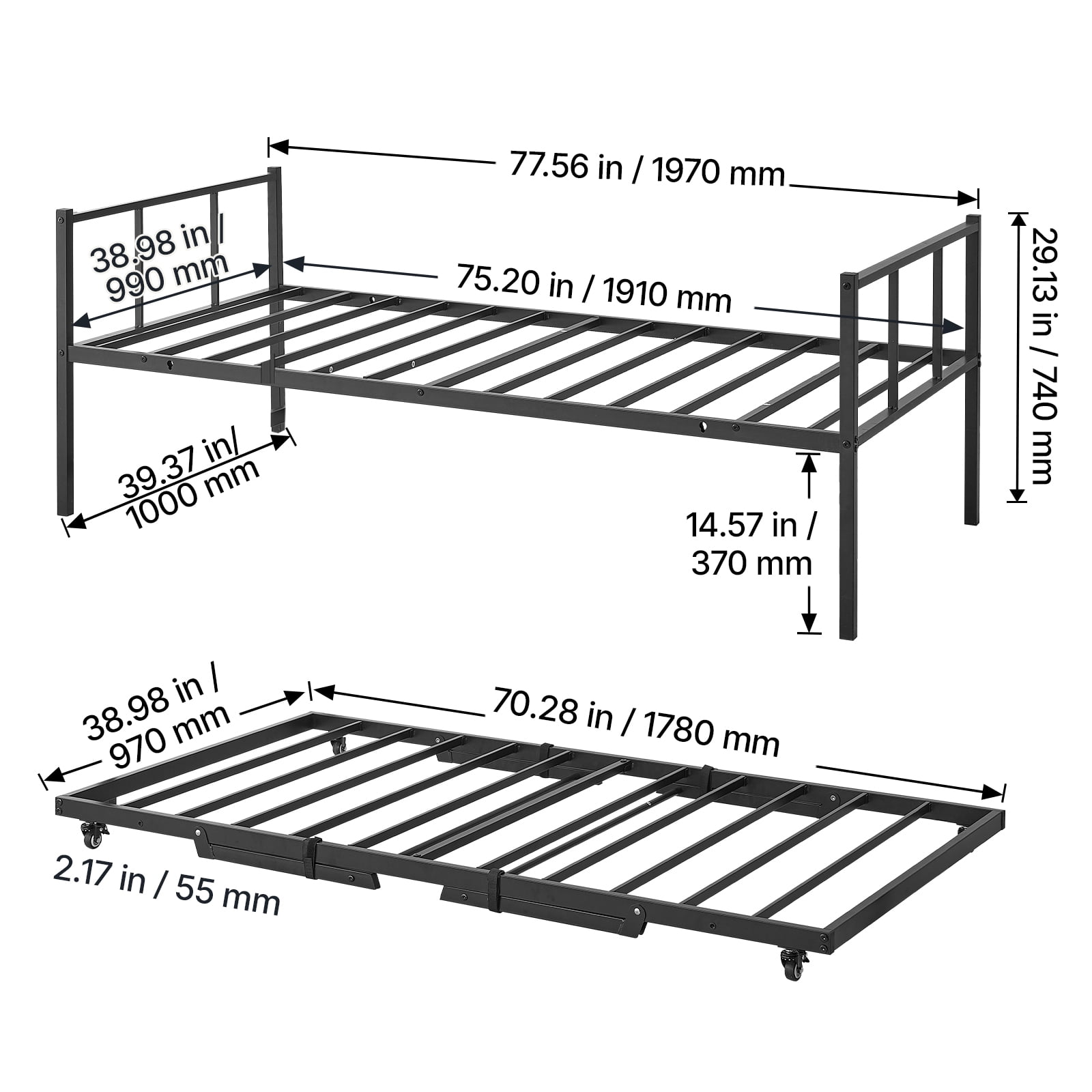 KFFKFF Twin Daybed with Pop-Up Trundle Metal Frame,Rectangular Design for Living Room,Bedroom,or Guest Room.Space-Saving Heavy-Duty Metal Sofa Bed with 2 Lockable Casters,Simple Assembly,Black Finish