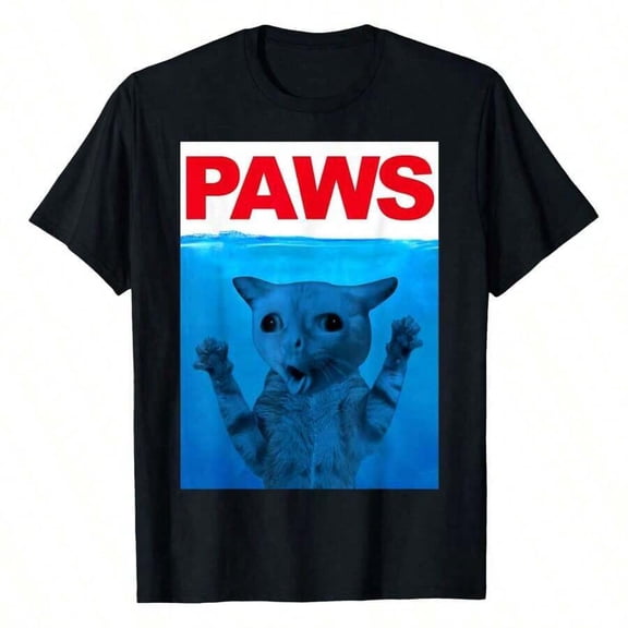 【New Arrival】PAWS Funny Underwater Cat Meme Graphic T-Shirt, Cat Lover Parody Humor Unisex Black Casual Short Sleeve Tee