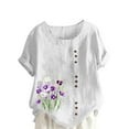 thumbnail image 2 of QUNYINEY Crew Neck Spring Shirts for Women 2025 Casual Short Sleeve Floral Tops Cotton Linen Button Loose Pullover Shirts, 2 of 4