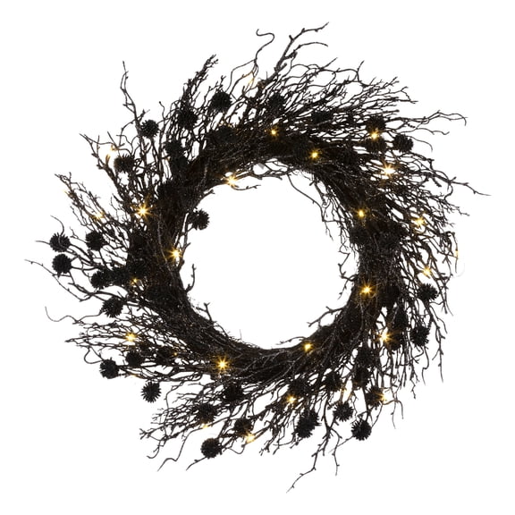 24 in. Pre-Lit Artificial Deadwood Twig Wreath, Black, 30 Orange LED Lights, Battery Operated