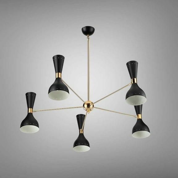 1950's Mid Century Stilnovo Style 5 Light Shades Brass Sputnik Chandelier Ceiling Light Fixture