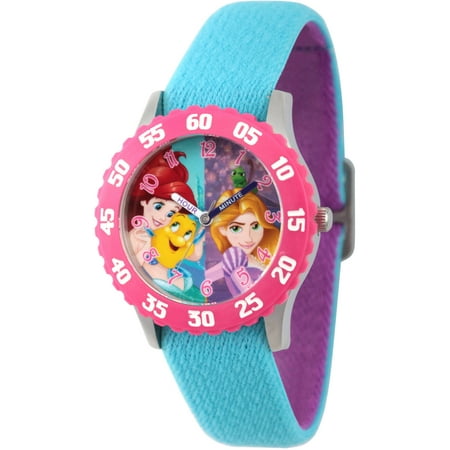 Disney Princess Rapunzel and Ariel Girls' Stainless Steel Time Teacher Watch, Pink Bezel, Reversible Blue and Purple Nylon Strap