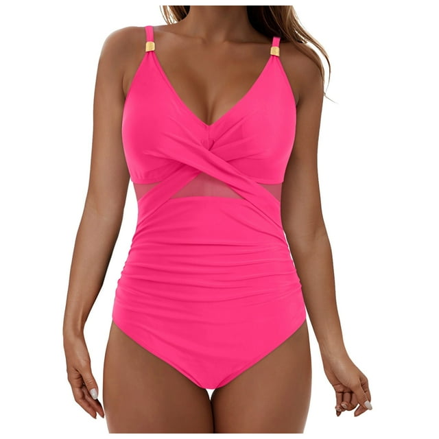 WUANDIXFA Bathing Suits Women One Piece Swimsuit Bathing Suit Full Coverage Mesh Swim Suits Hot Pink,S