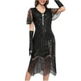 thumbnail image 5 of BLTIBY Women's 1920s Fringed Dress Flapper Costume Vintage Sequin Beaded Tassels Hem Prom Short Sleeve Round Neck Cocktail Evening Dresses Gatsby Dress Black XL, 5 of 6