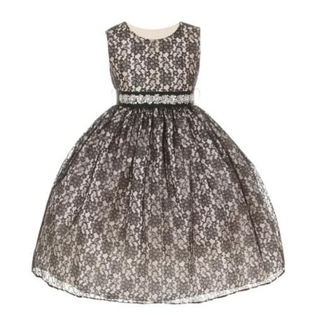 Multi Color Jeweled Flower - Girls Black Lace Taffeta Jeweled Belt Flower Girl Dress 12