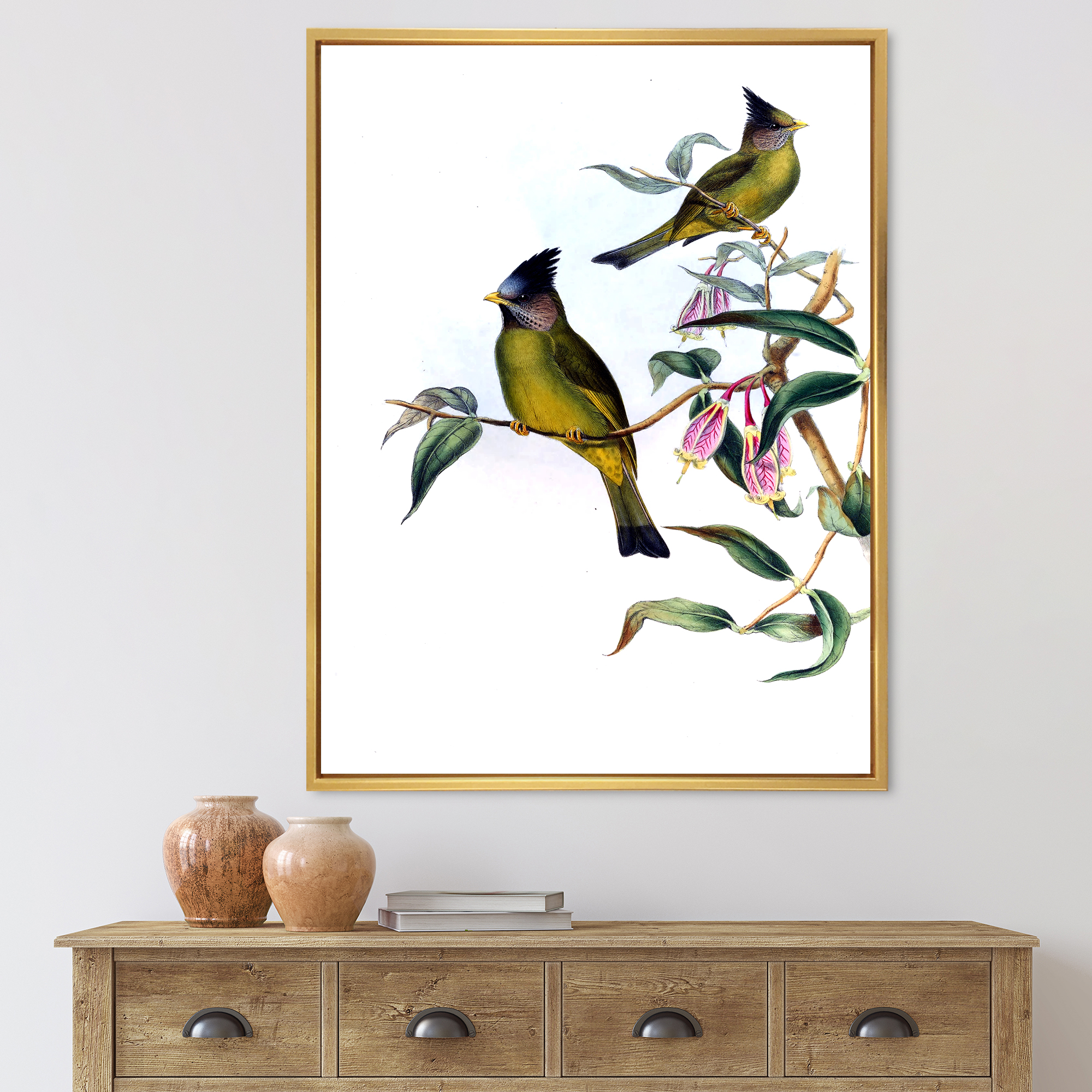 Designart 'Vintage Countryside Birds On Branch II' Farmhouse Framed Canvas Wall Art Print