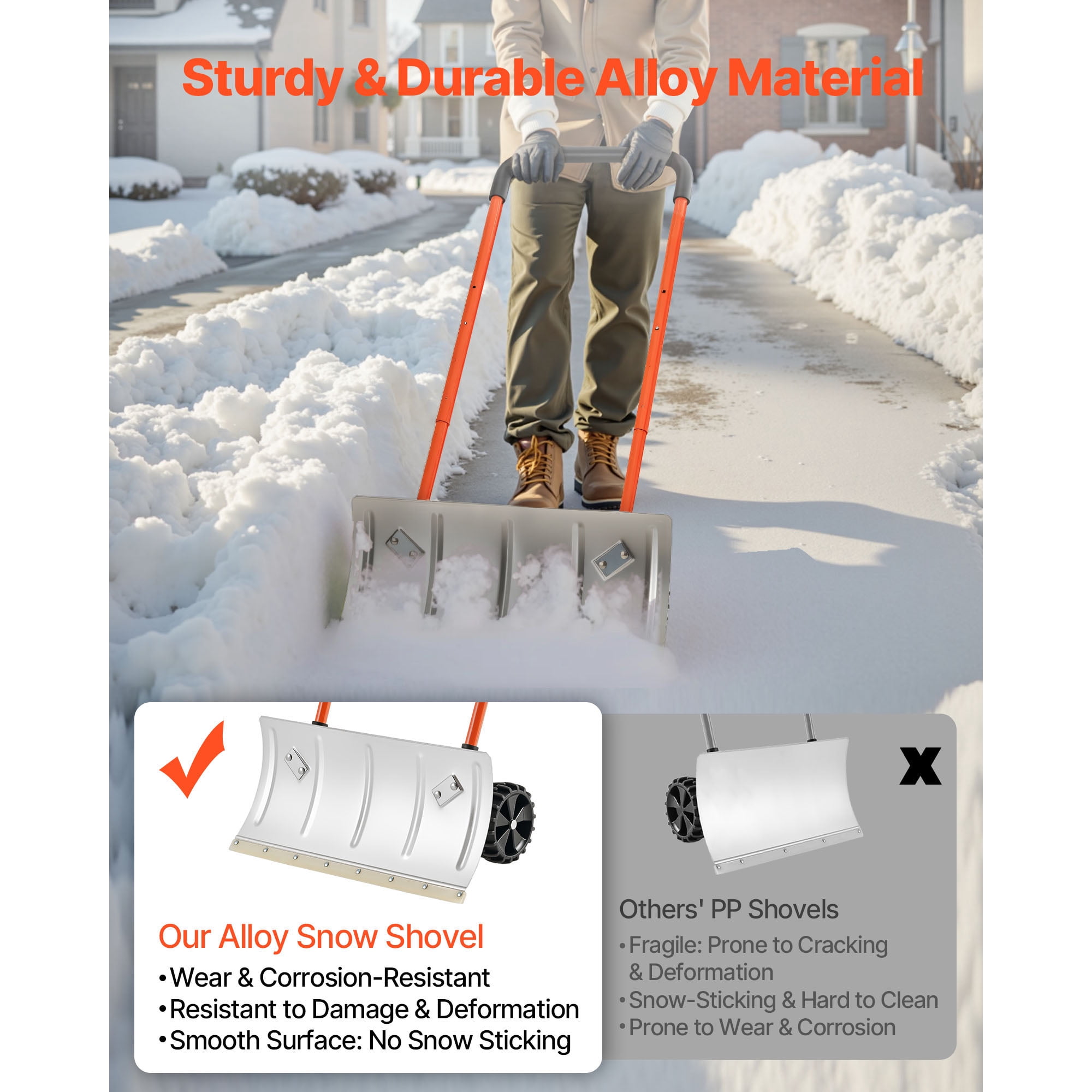 KFFKFF 24-Inch Snow Pusher Shovel with Wheels, Adjustable Handle and Angled Blade, Durable Metal Snow Removal Tool for Driveways and Gardens