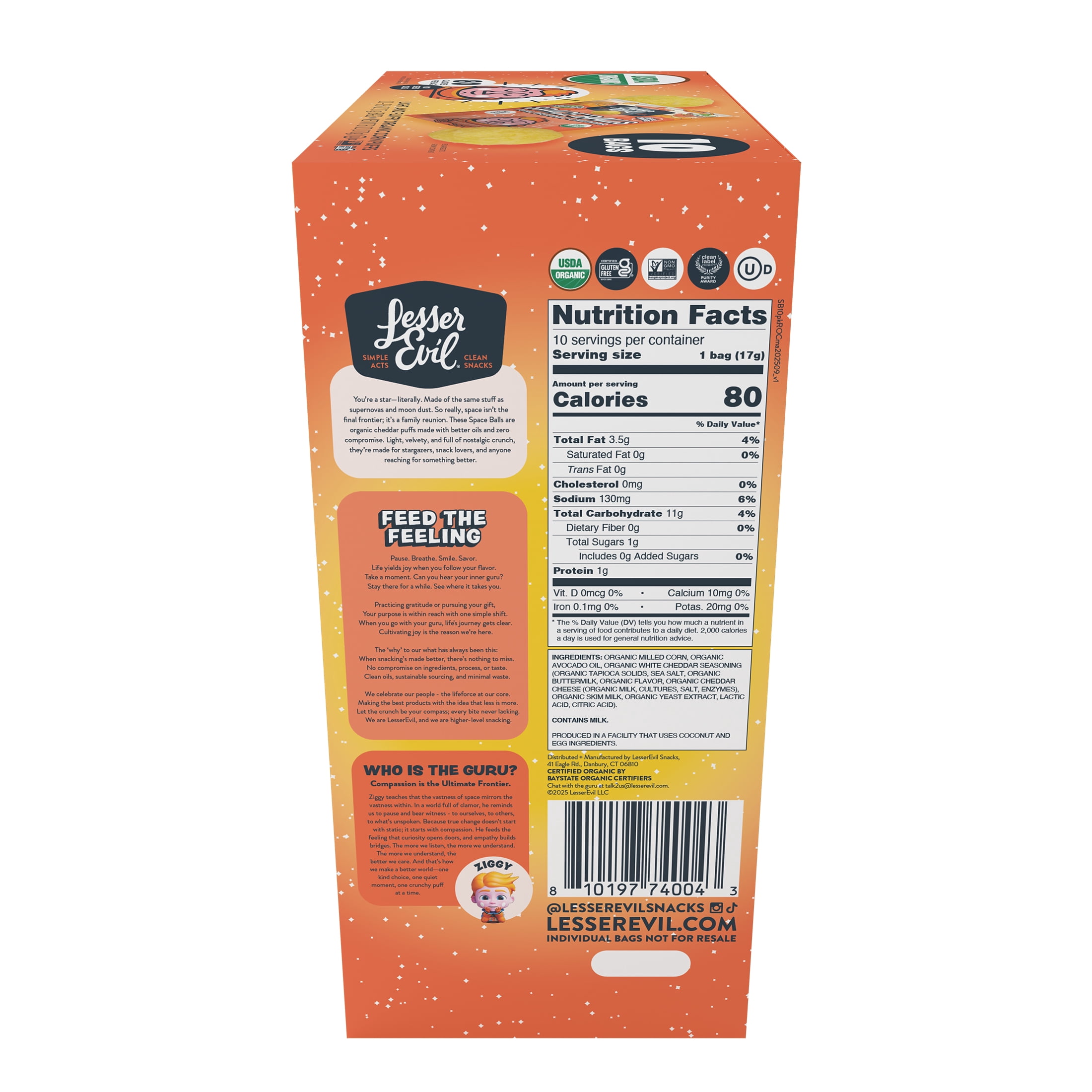 LesserEvil Space Balls, Snack Pack Box, Real Cheese, 10 / 0.6oz