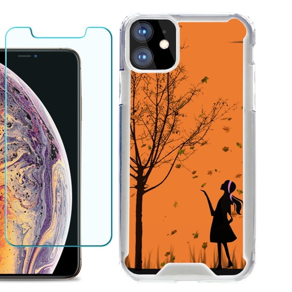 For Apple iPhone 11 Case, Hybrid Bumper Phone Case, with Tempered Glass Screen Protector, by OneToughShield ® - Autumn Leaf
