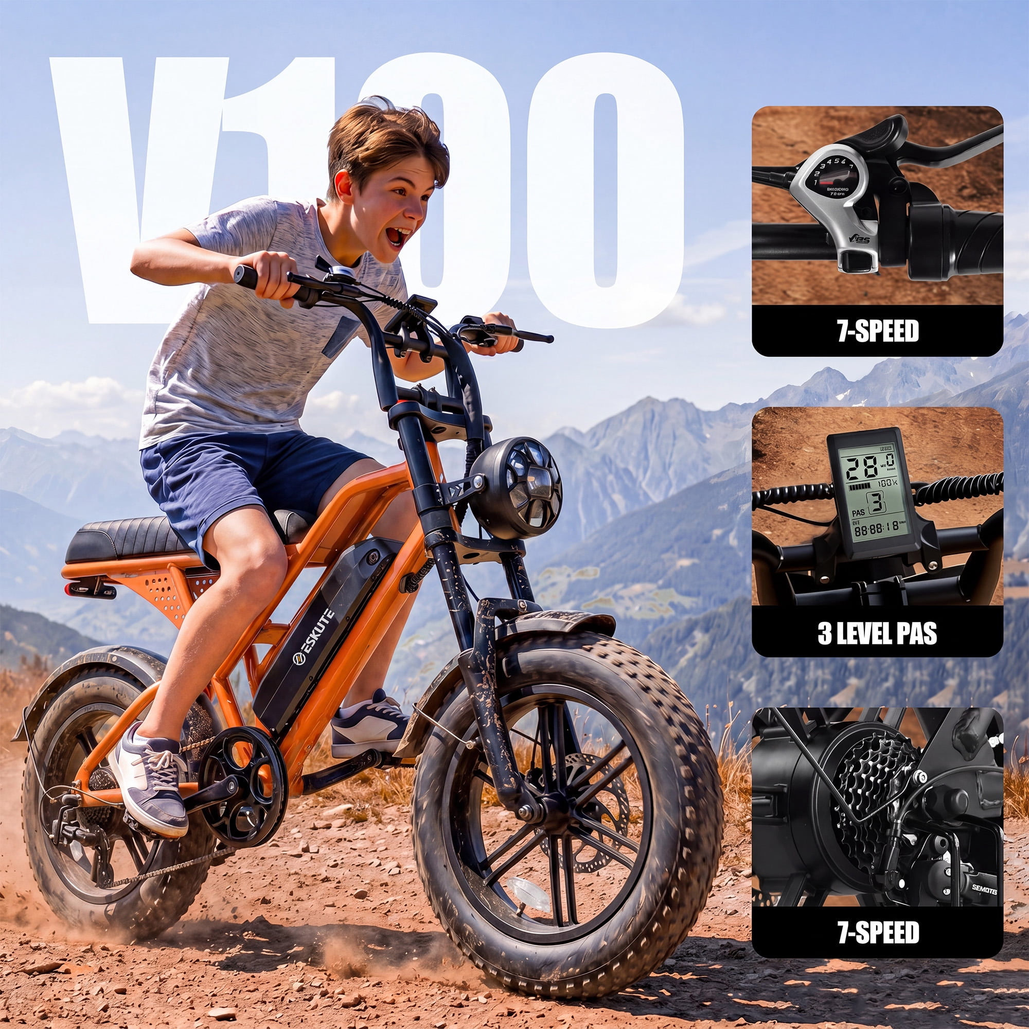 ESKUTE V100 Electric Bike for Teens Adults Students, 750W 28 Mph 48V 13 Ah,16"x4.0" Fat Tire E Bicycle, 7-Speed Dual Suspension Mountain EBike Orange with Phonebag & Lock, UL2849