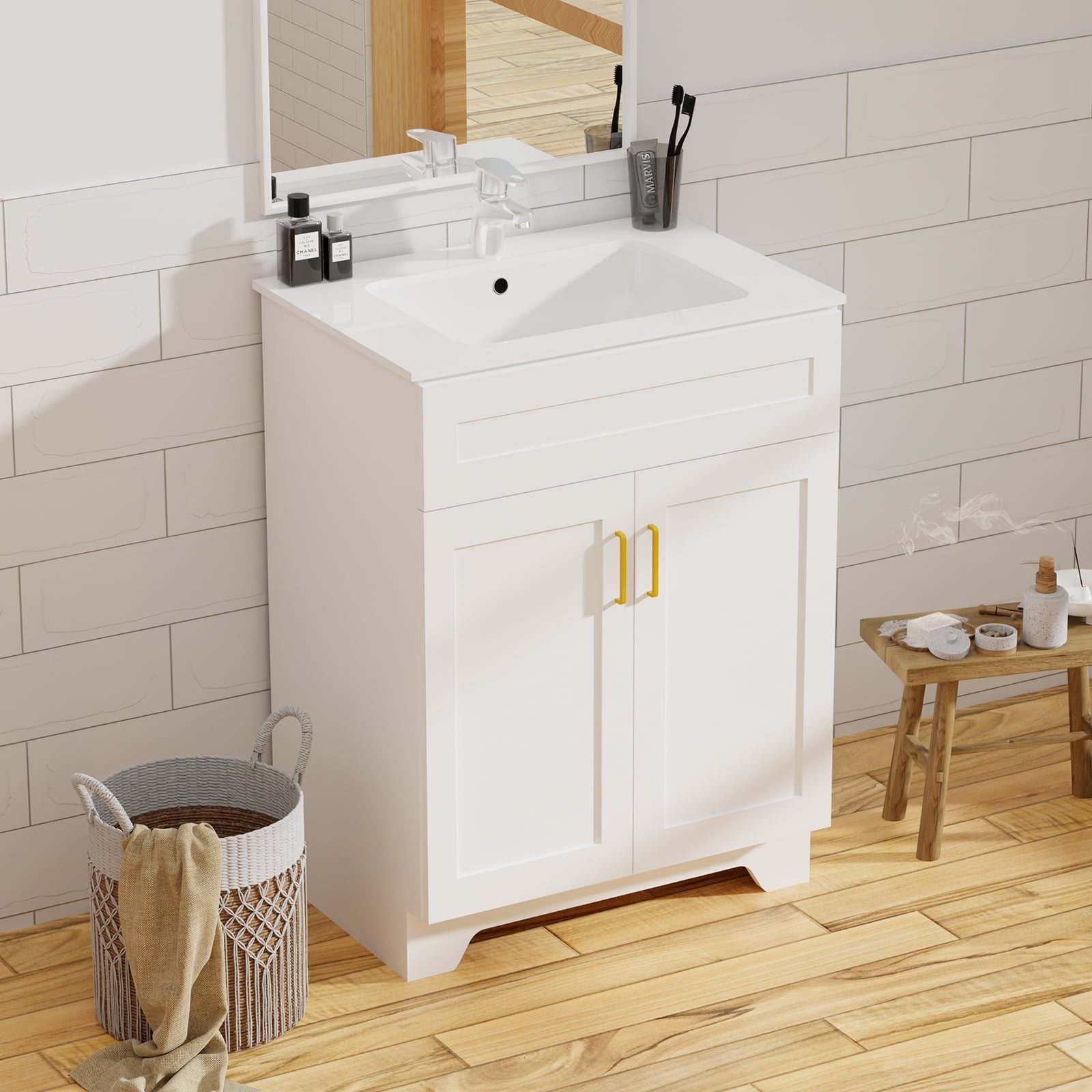 KZElegy 24" Bathroom Vanity with Sink Wooden Double Door Bathroom Storage Cabinet,Freestanding Cabinet Vanity with Ceramic Sink,White