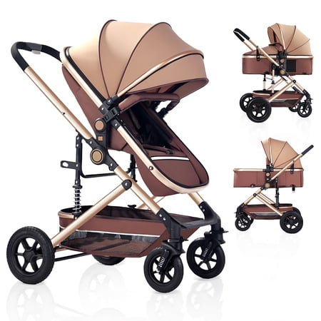 OEIKPFN Baby Stroller Foldable Baby Stroller Reversible Bassinet Travel Stroller for Newborn Khaki