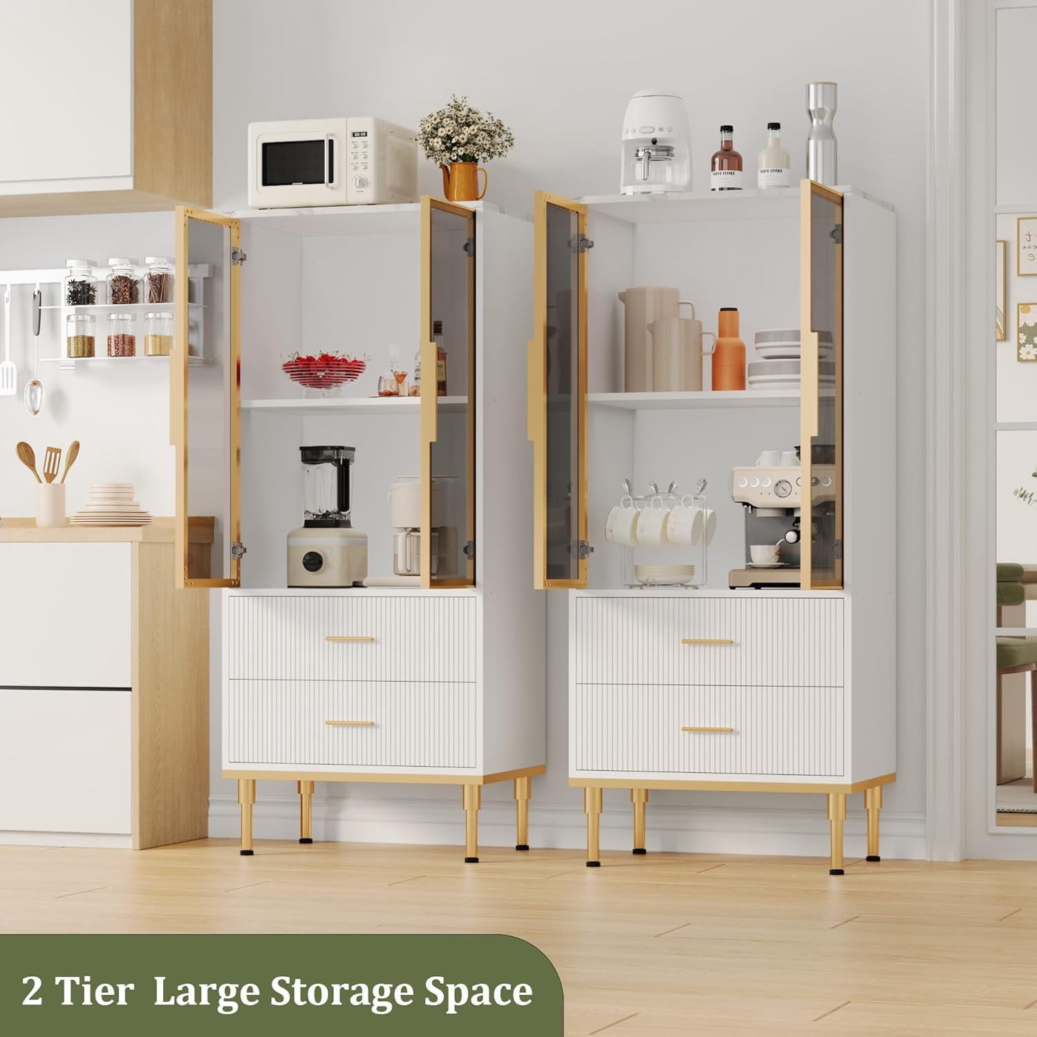 Fluted Storage Cabinet with Glass Door and 2 Drawers, Modern Display Storage Cabinet, Kitchen Pantry with Adjustable Shelves for Collectibles, Living Room, Office
