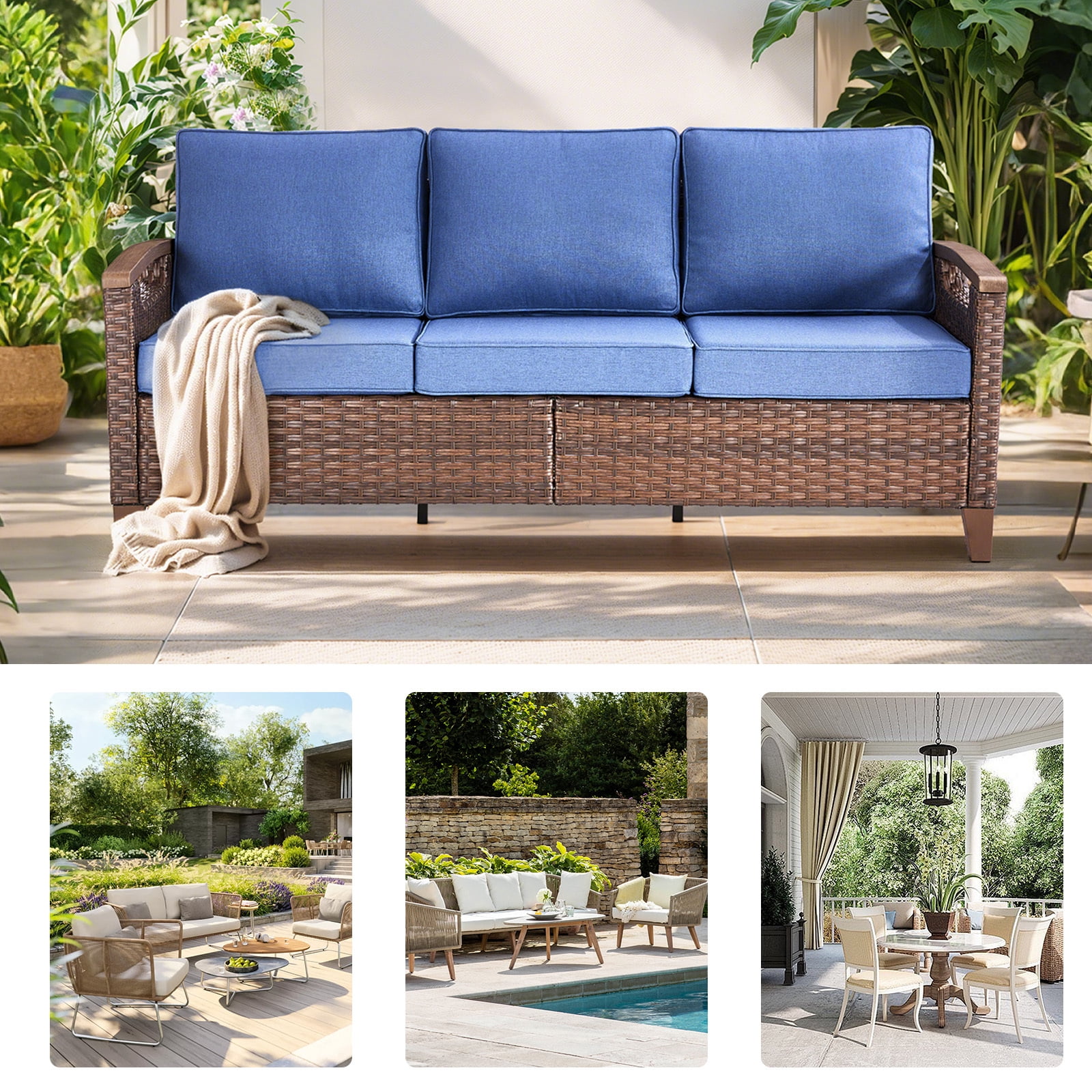 Bellefurn Wicker Patio Sofa Outdoor Couch,Patio 3 Seater Sofa Outdoor Rattan Furniture Sofa with Non-Slip Thick Cushions for Outdoor,Garden,Lawn,Backyard
